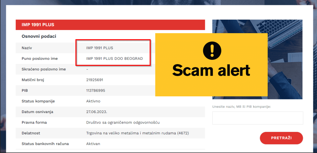 IMP 1991 PLUS DOO BEOGRAD scam