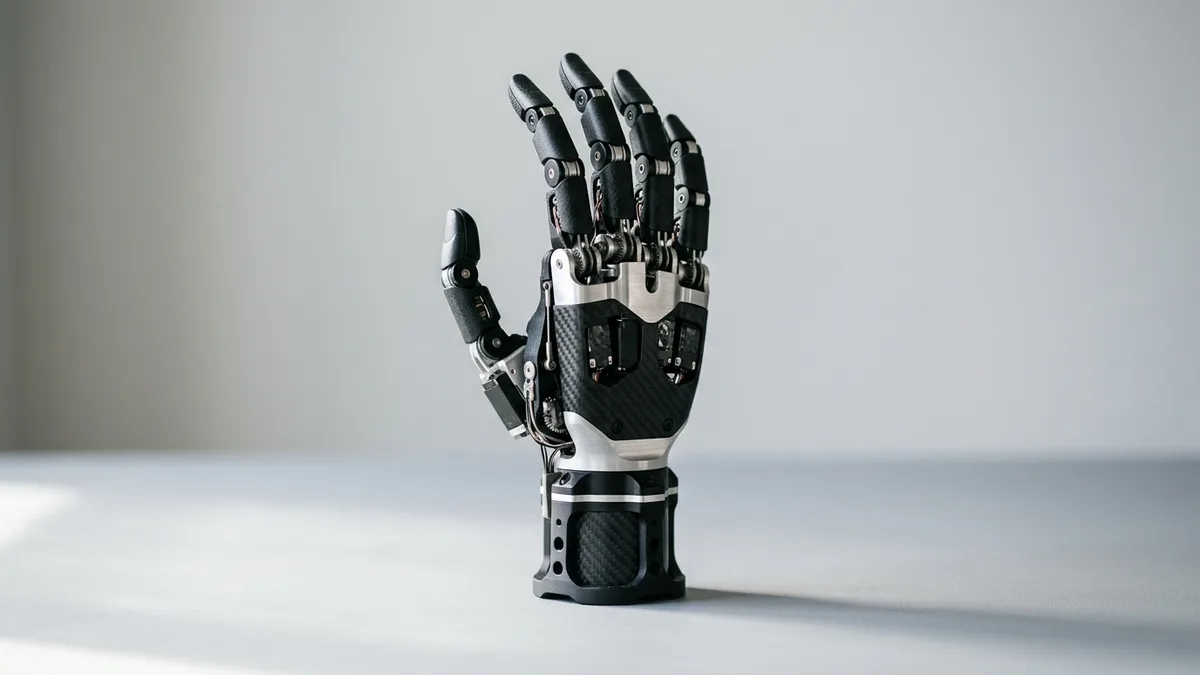 Multi-articulating myoelectric bionic prosthetic hand on a studio surface