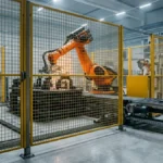 Industrial robot arm working inside a fenced automation cell on a factory floor