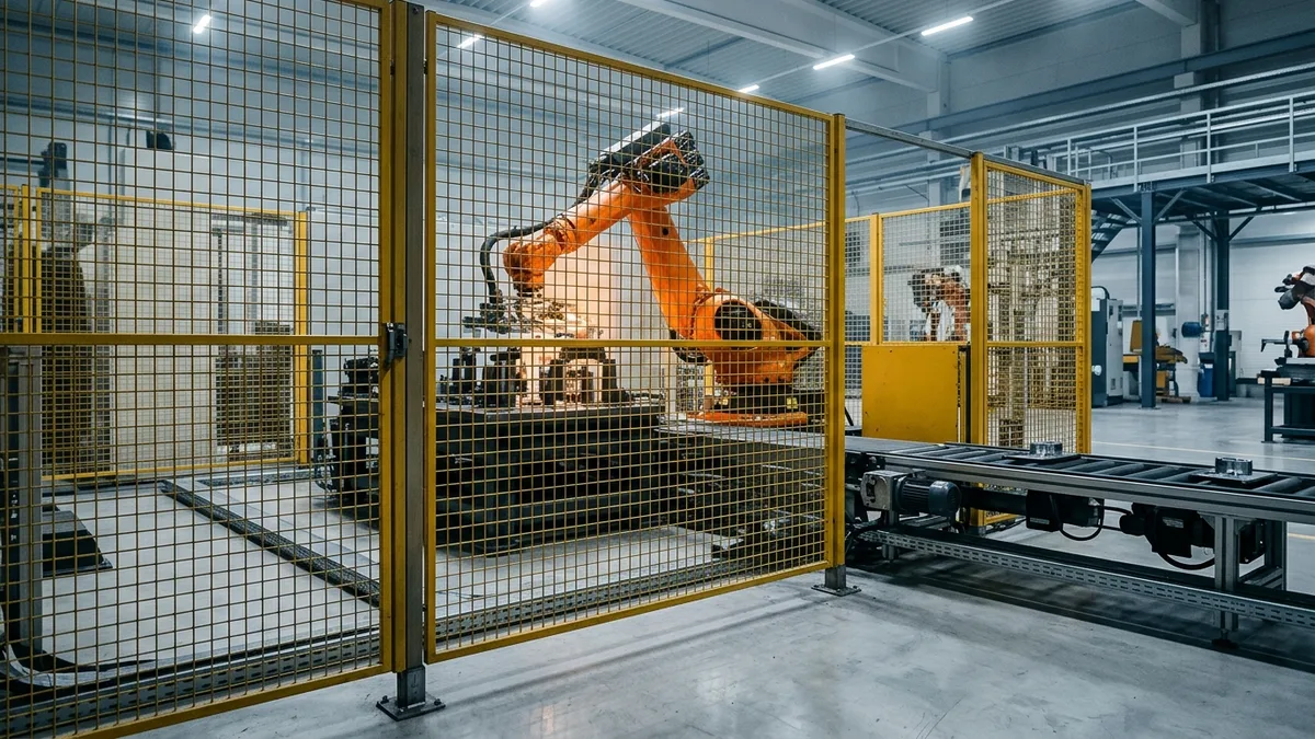 Industrial robot arm working inside a fenced automation cell on a factory floor